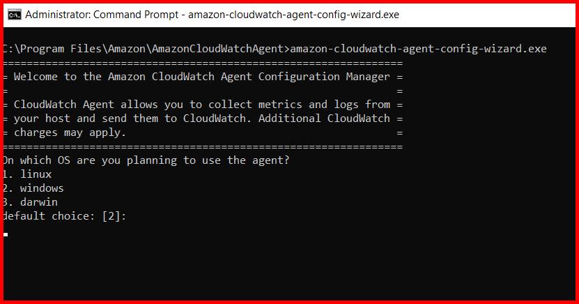 Picture showing the list of questions when amazon-cloudwatch-agent-config-wizard.exe is executed